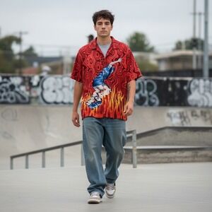 J/E/T Streetwear Flame Skateboard‎ Button Up Shirt Red Graphic Medium Y2K